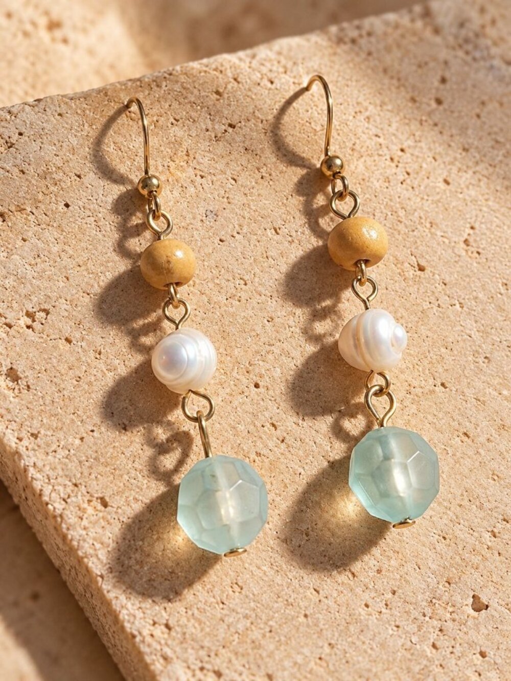 Beaded Dangle Earrings Pearl Green Beads Wooden Accents Drop Hook Lightweight